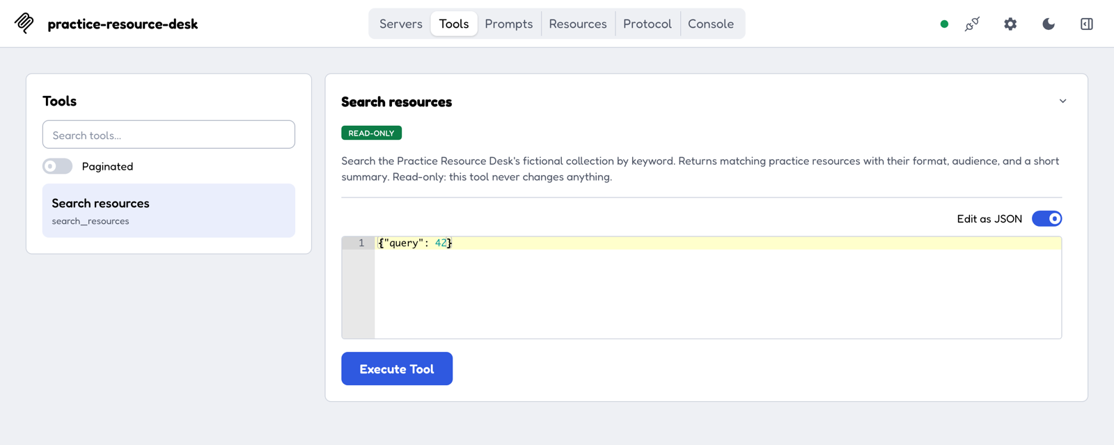 The Tools tab of MCP Inspector with Search resources selected and the Edit as JSON switch turned on. Below it a small code editor contains the single line containing query set to the number 42, and the blue Execute Tool button sits underneath, still clickable.